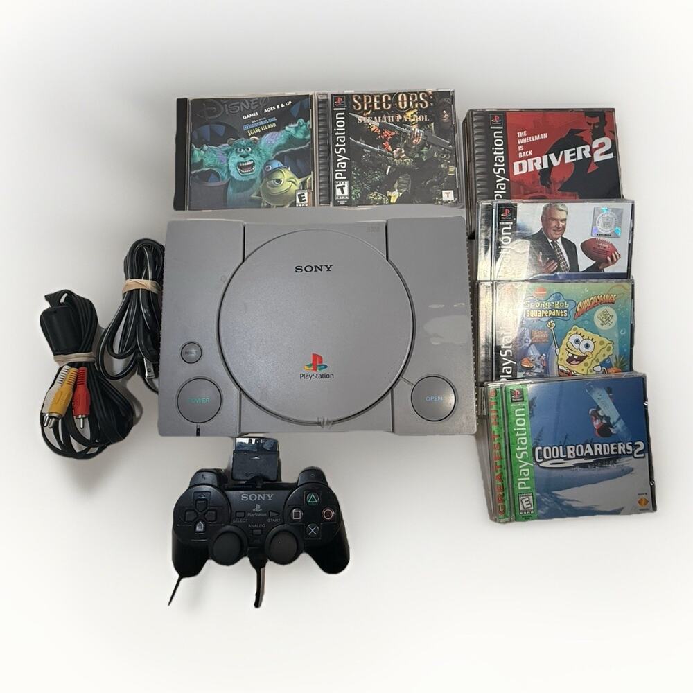 Sony PlayStation 1 (PS1) Console Bundle (OEM Controller, 6 Hit Games) TESTED